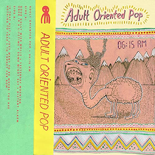 Vinyl album cover with illustrated pink creatures and mountain backdrop.