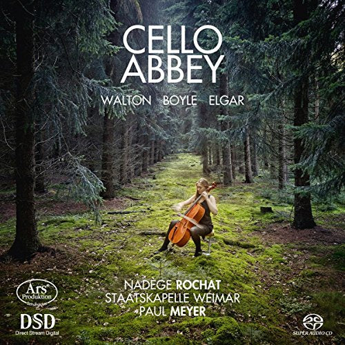 Cellist in a forest clearing, album cover for "Cello Abbey.