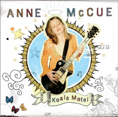 Album cover with woman holding guitar, surrounded by stars and butterflies, with colorful text.