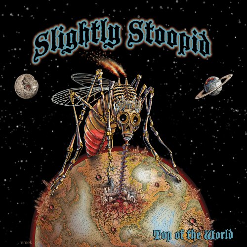 "Album cover art: robotic insect on Earth with planets, against a starry space background."