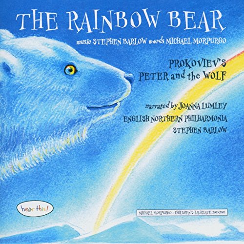 "CD cover featuring a blue bear with a rainbow, text 'The Rainbow Bear' and 'Peter and the Wolf'."