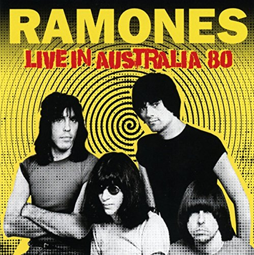 Ramones album cover: black and white band photo with yellow spiral background.