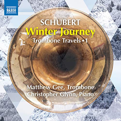 A CD cover featuring a trombone and snowy mountains, titled "Schubert Winter Journey".