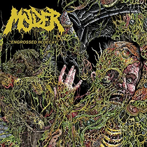 Detailed, grotesque illustration of a face and body consumed by organic decay.