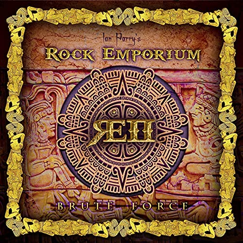 "Album cover with Mayan carvings, gold border, and 'Brute Force' text."