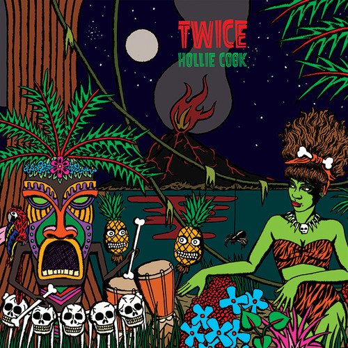 "Album cover art: colorful tiki scene with drums, skulls, and tropical foliage under a starry night."