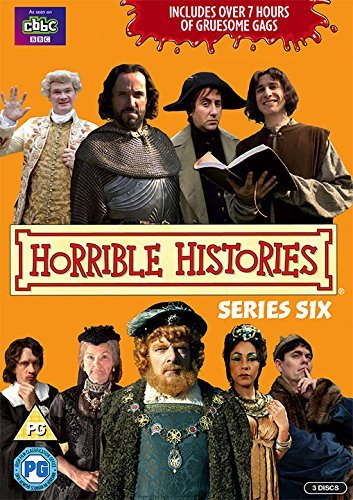 "Horrible Histories Series 6 DVD cover featuring historical characters against an orange background."