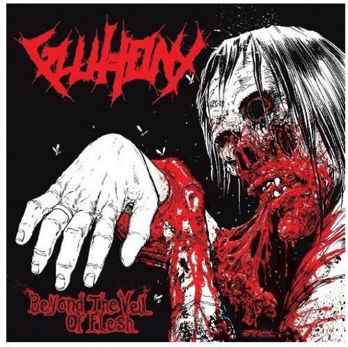 "Album cover with a grotesque, bloody figure and red, gothic text on a black background."