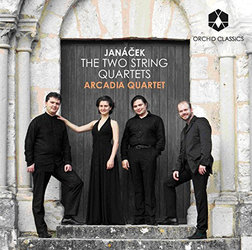 Arcadia Quartet posing in front of a stone archway, CD cover art.