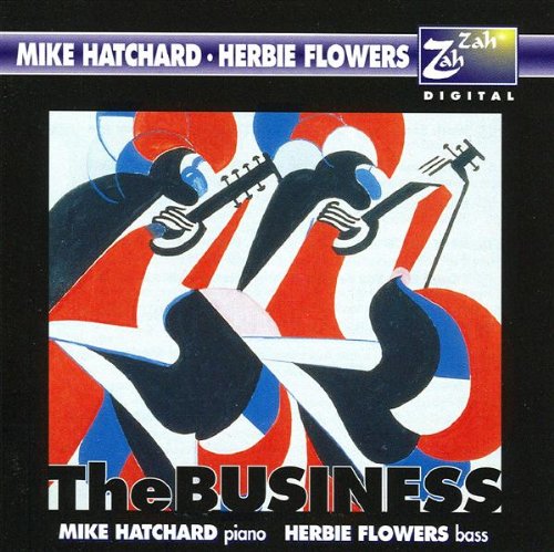 Album cover with abstract guitar players, red, white, and blue background, black border.