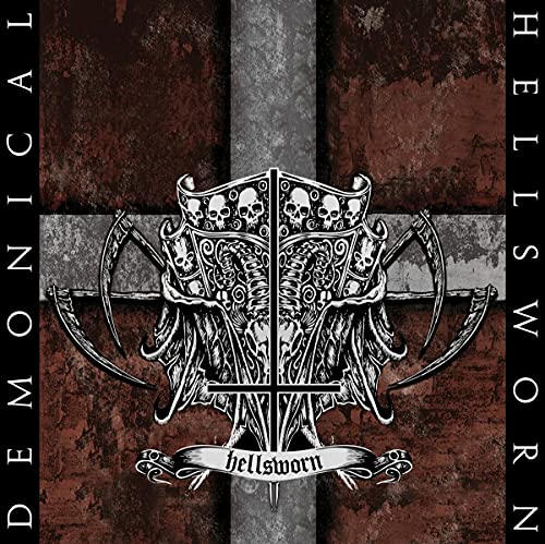 Demonical album cover: skulls, scythes, and ornate shield on a marbled background.