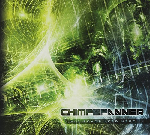 The alt text for the image is: "Album cover with abstract green and yellow swirling patterns and 'Chimp Spanner' text."