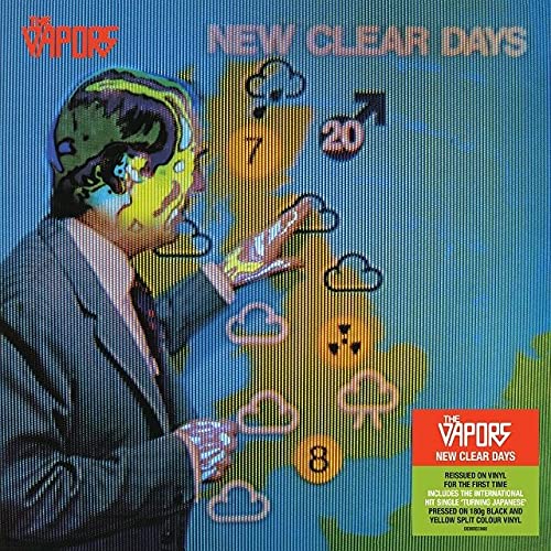 Album cover for Vapors' "New Clear Days" with distorted portrait and graphics.
