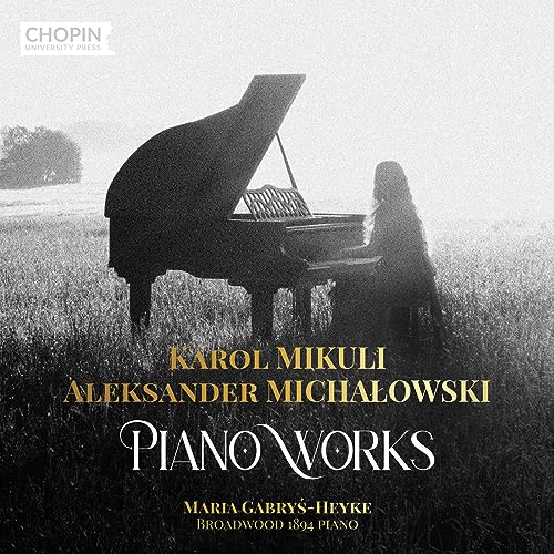 CD cover: piano in a field, woman seated, text “Piano Works”.