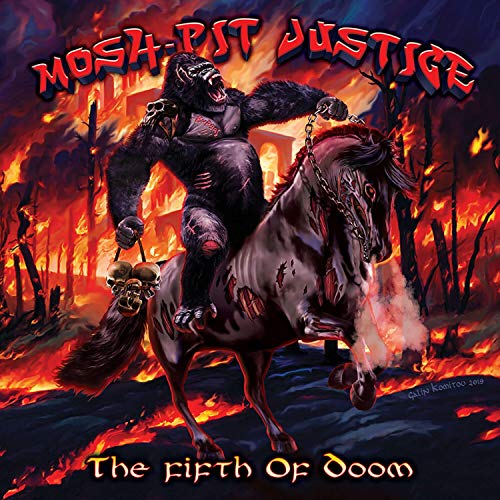 Gorilla riding a horse amidst flames, album cover for Mosh Pit Justice.