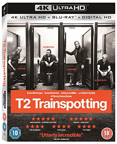 “T2 Trainspotting” Blu-ray cover featuring four men in a grimy bathroom.