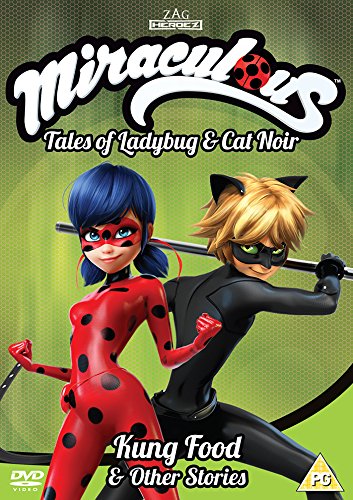 "Miraculous: Tales of Ladybug & Cat Noir" DVD cover, featuring cartoon characters in superhero costumes.