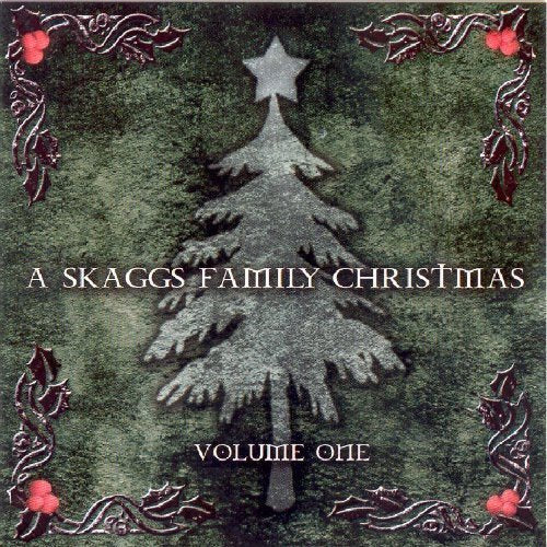 "Christmas album cover with a gray tree and red floral border."