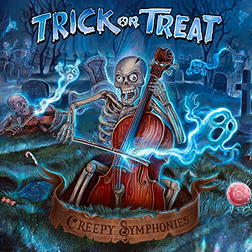 Skeleton playing cello in a graveyard with ghosts and glowing energy.