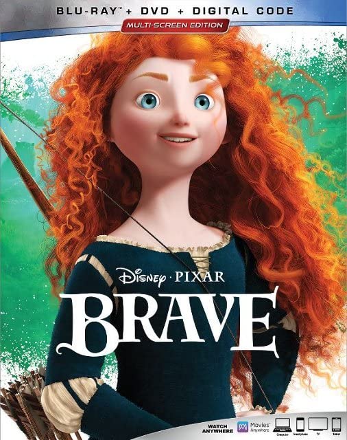 Blu-ray cover for Disney Pixar’s “Brave” featuring Merida with fiery red hair.