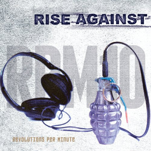 Rise Against album cover: headphones, grenade, and bold grey text on textured background.