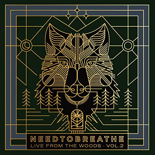 Gold line art of a bear face with trees, album cover for NEEDTOBREATHE.