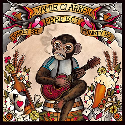 Vintage-style album cover with a monkey playing guitar, surrounded by floral designs.