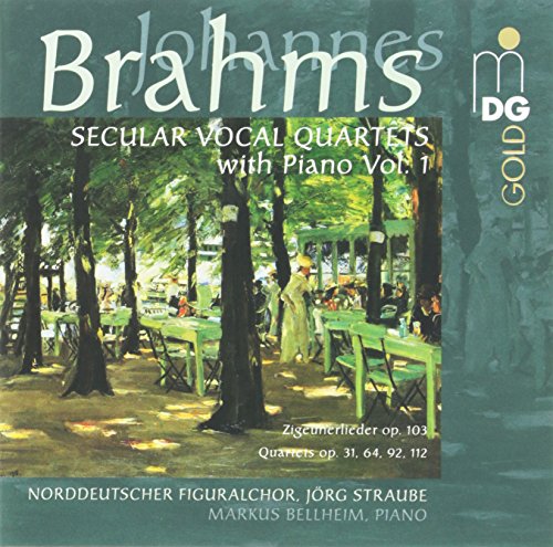 Brahms CD cover featuring a serene forest scene with people dining at tables.
