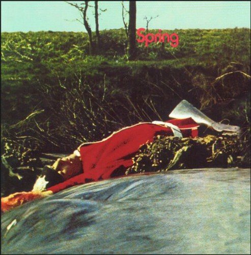 Album cover with red fabric caught in branches, against a grassy hill.