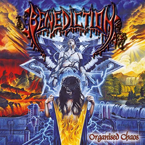Album cover for Benediction’s “Organised Chaos” featuring dramatic, fiery artwork.