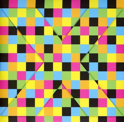 The image shows a multicolored checkered pattern on a folded CD case. For accessibility purposes, a suitable alt text could be: "Multicolored checkered pattern on a folded CD case."