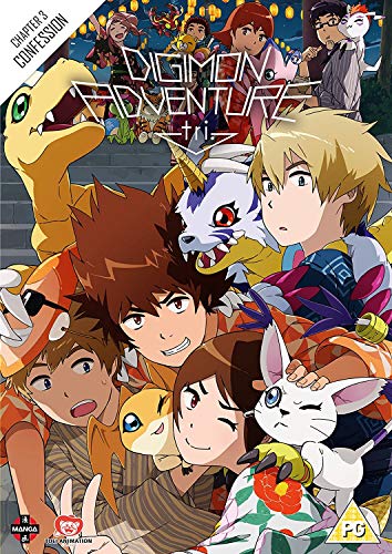 Anime characters and their Digimon partners gathered together on the Digimon Adventure tri cover.