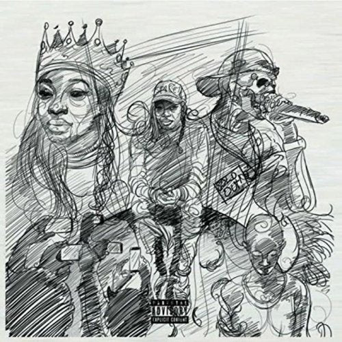 "Black and white sketch of four figures, one wearing a crown, on a white background."
