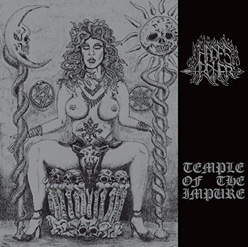 Black and white illustration of a woman with occult symbols and skulls.