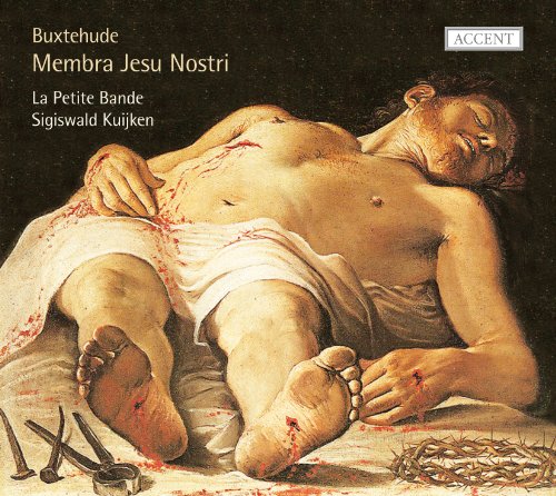 Crucified Jesus on a cloth with nails and crown of thorns, classical music CD cover.