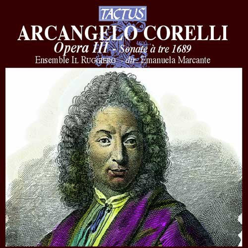 "CD cover with portrait of Arcangelo Corelli, brown background, and white text."