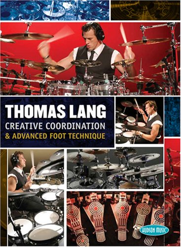 "Collage of drummer Thomas Lang playing drums with instructional DVD title and logo."