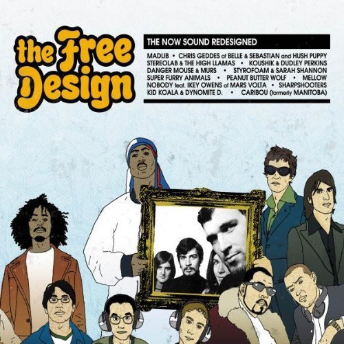 "Album cover featuring cartoon people and a framed black-and-white photo, light blue background."