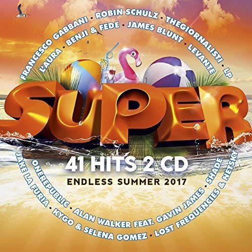 CD cover with summer imagery: beach ball, flamingo, and bold “SUPER” text.