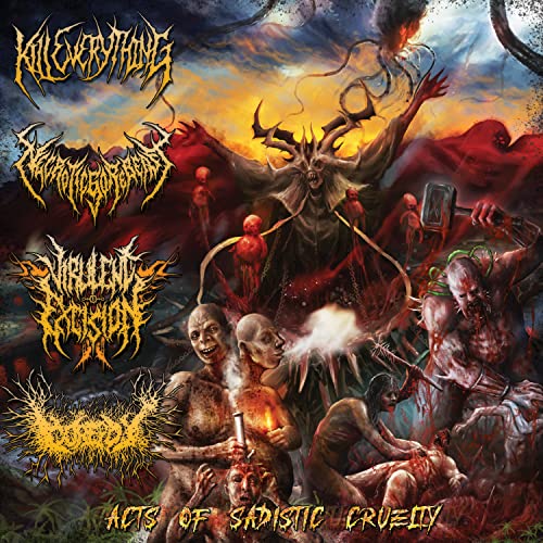 CD cover with demonic figures, gore, and band names in harsh lettering.