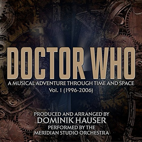 "CD cover with 'Doctor Who' title, steampunk gears background, and white text details."