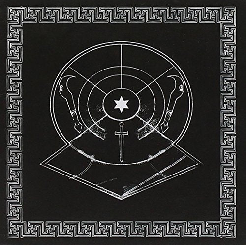 Black album cover with white geometric design, star, and dagger illustration.