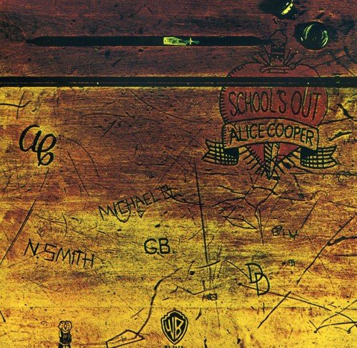 Alice Cooper's "School's Out" album cover, featuring a yellow and brown wooden desk.