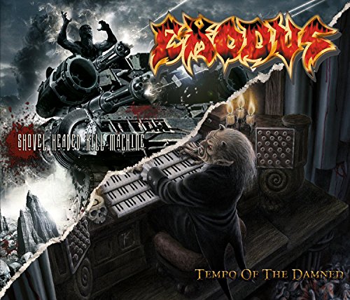 "Exodus album cover art featuring a man playing an organ amidst chaotic, dark scene."