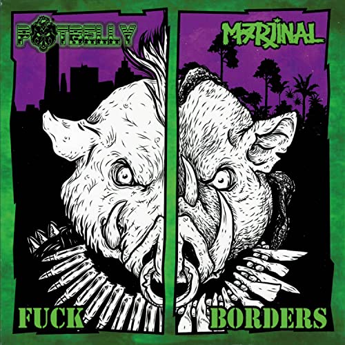 Split album cover featuring illustrated pig faces and the text "Fuck Borders".
