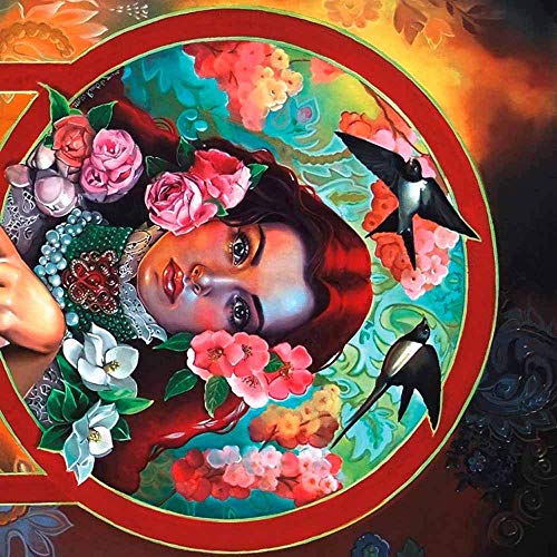 Painted portrait of a woman with red hair, flowers, and birds.