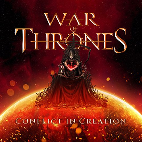 "Album cover featuring a skeleton in a red robe on a fiery planet."