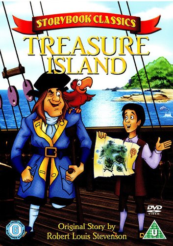 Treasure Island" DVD cover featuring Long John Silver, a map, and a boy.