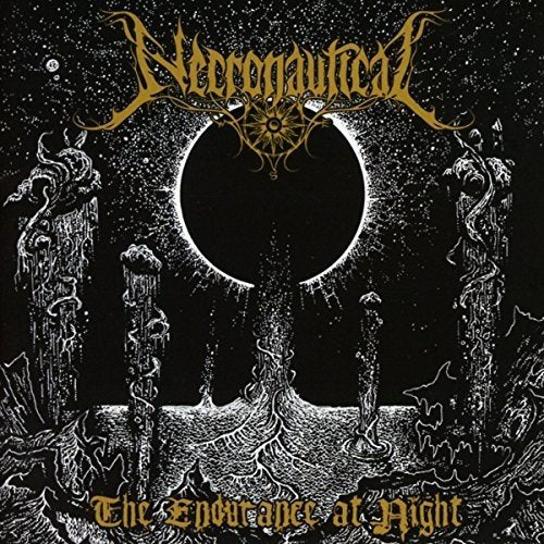 "Album cover with black background, gold text, and a detailed white illustration."