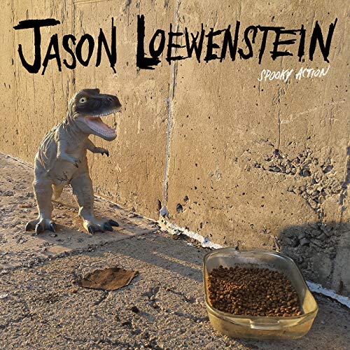 Album cover: plastic dinosaur by a wall with a food dish.